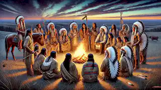 O povo Lakota se reúne ao redor de um fogo sagrado, passando o cachimbo sagrado e se preparando para os sete rituais sagrados.