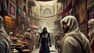 Altair sigue a Tamir a través de los abarrotados callejones de Damasco, fusionándose con el bullicioso mercado lleno de comerciantes.