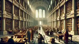 Los eruditos que estudian los pergaminos en la gran Biblioteca de Alejandría, rodeados de imponentes estanterías y de luz solar.