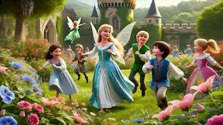 Les descendants d'Aurora et de Philip jouent joyeusement dans les jardins verdoyants du château, sous le regard bienveillant de la fée.