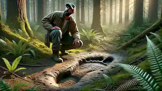 Jerry Crew descubre una enorme huella de 16 pulgadas en el bosque cerca de Bluff Creek, rodeada de densa vegetación.