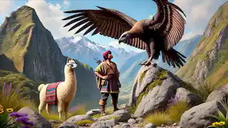 Tupac se encuentra con el cóndor sobre un saliente rocoso en los Andes.