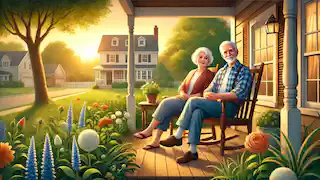 John y Madge están sentados tranquilamente en su porche, disfrutando de su jubilación y reflexionando sobre su vida en un apacible entorno suburbano.