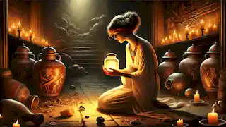 Pandora se arrodilla, sosteniendo en sus manos una pequeña luz brillante de esperanza, rodeada de oscuridad en su hogar griego.