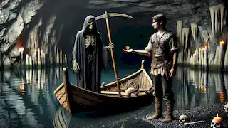 Carón, el barquero del Estigia, recibe un dracma de oro de Kallistrate en un escenario cavernoso del inframundo.