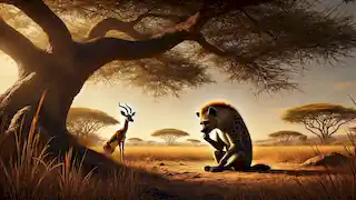 Jabari, la hiena, se sienta bajo un árbol de acacia, sumido en sus pensamientos tras no haber logrado atrapar a Kito, la gacela, en la sabana.