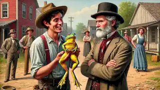 Jim Smiley muestra con orgullo su rana, Dan’l Webster, a un extraño escéptico en un camino de tierra en un pequeño pueblo rural.