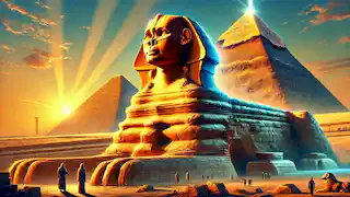 La Gran Esfinge de Giza bajo el sol naciente, con las pirámides de fondo y turistas vestidos con ropajes antiguos.