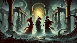 Las Erinias se encuentran a la entrada del Tártaro, contemplando su encuentro con la sacerdotisa.