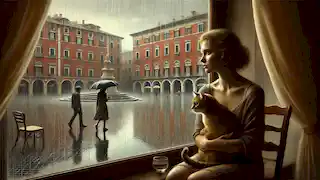 Una mujer americana mira por una ventana lluviosa en su habitación de hotel, sosteniendo un gato, mientras se puede ver la plaza del pueblo vacía afuera.