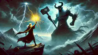 La batalla final entre Arash, empuñando un martillo resplandeciente, y Ahriman, una figura sombría y colosal, bajo un cielo tormentoso.