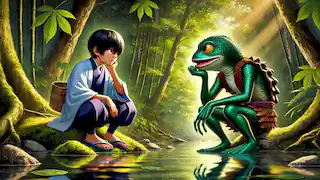 Hiroshi y el Kappa participan en un concurso de ingenio a orillas del río, ambos profundamente concentrados en el desafío.