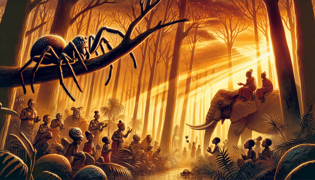 Anansi y su familia posados en una rama cubierta de rocío matutino, los hilos de la araña reluciendo mientras parten del festín.