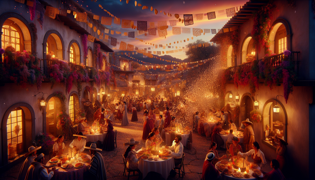 Villagers feasting under a twilight sky with vibrant colors and joyful expressions