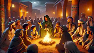 Un misterioso extraño encapuchado cuenta historias junto al fuego a los fascinados aldeanos.