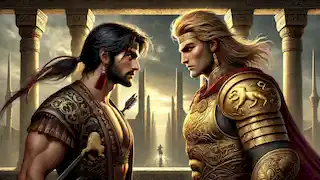 Rostam et Esfandiyar se rencontrent pour la première fois dans la cour d'un palais persan, la tension palpable dans l'air.