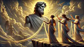 Zeus observa a las Moiras mientras tejen el destino de un mortal.
