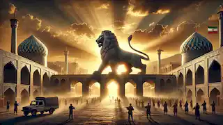 El León de Piedra de Shiraz brilla con luz divina al amanecer mientras se erige majestuoso en las puertas de la ciudad, listo para protegerla.