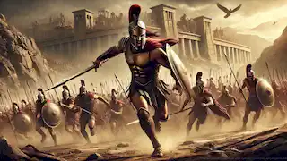 Aquiles lidera a sus mirmidones en la batalla, cargando hacia los imponentes muros de Troya en medio del polvo y el caos.