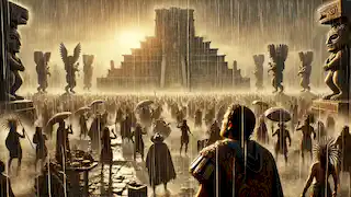 La lluvia cae con fuerza sobre Teotihuacán mientras la gente celebra, y Atl mira al cielo con alivio y gratitud.