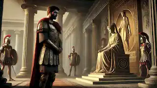 Filipo de Macedonia, de pie con respeto ante el Oráculo de Delfos en el Templo de Apolo, aguardando una profecía.