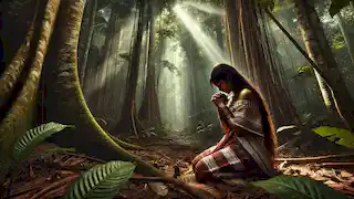 Madre indígena en duelo reza en la selva amazónica, buscando consuelo entre los árboles.