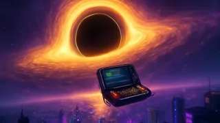 Una terminal de inteligencia artificial aislada, suspendida frente a una singularidad gravitatoria, esperando la última pregunta.