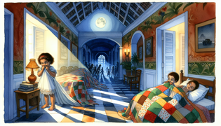 Dos niños dormidos bajo una manta mientras la luz plateada de la luna llena llena la habitación.