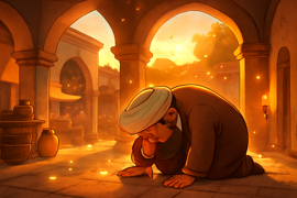 Un ramillete de luciérnagas resplandecientes elevándose sobre el patio de un hammam persa al amanecer.