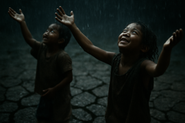 Las primeras gotas de lluvia caen sobre la tierra sedienta, mientras los habitantes del pueblo se alegran.