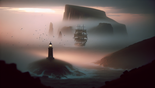 Faro sombrío en la cima, rodeado de mares tormentosos y una nave fantasmal atravesando la niebla.