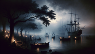 Una pequeña balandrada colonial acercándose a un barco espectral tenuemente iluminado en la densa niebla del río Hudson, con linternas que proyectan reflejos oscuros sobre aguas quietas.