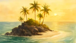 El amanecer rompiendo sobre la isla recién formada, salpicada de palmeras jóvenes y riscos rocosos.