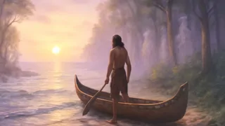 Rata empujando su canoa terminada hacia el mar del amanecer, ayudado por los vigilantes espíritus del bosque.