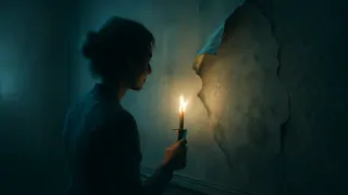 Una habitación victoriana iluminada por velas, con un pequeño fragmento de papel tapiz amarillo despegado que revela yeso húmedo debajo.