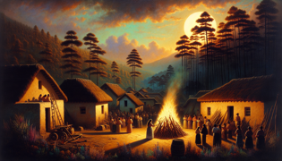 Una pira ardiente al atardecer en un bosque de pinos, La Tatwana consumida por las llamas mientras los aldeanos observan con horror y asombro.