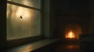 Una mosca descansando en el alféizar de una ventana al atardecer.