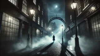 Noche brumosa en Whitechapel con una figura desvaneciéndose en la niebla.