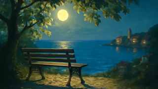 Una pareja que se encuentra en secreto a la luz de la luna en un banco junto al mar.