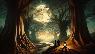 Orilla del río bajo la luz de la luna donde una princesa y un escriba comparten un momento oculto.
