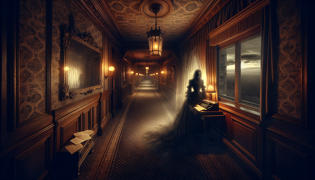 Suite de hotel victoriana oscura con cortinas pesadas, un escritorio de escritura solo y un espejo antiguo con máculas que refleja una luz tenue.