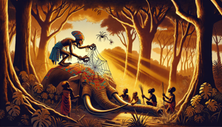 Anansi y su descendencia de arañas tejiendo una extensa red de telarañas sobre el lomo del elefante caído bajo la luz de la mañana.