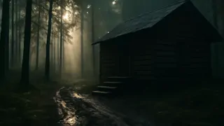 Huellas que conducen hacia una remota cabaña en el bosque, rodeada de altos pinos.