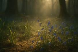 Suelo de bosque primaveral bañado por la luz del sol, con jóvenes retoños y flores silvestres en plena floración.