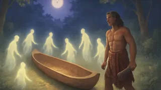 Espíritus etéreos del bosque rodeando el casco de canoa tallado bajo un cielo estrellado.
