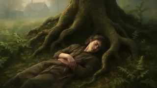 El suelo del bosque cubre de vegetación a Rowan mientras duerme bajo el roble.