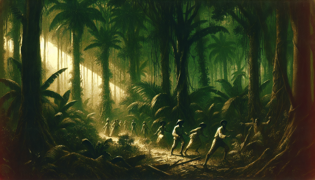 Aldeanos huyendo mientras los troncos se parten en pedazos y la selva tiembla con una fuerza sobrenatural.