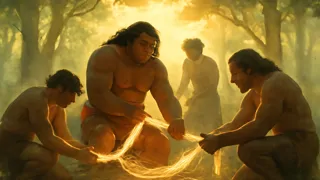 Maui y sus hermanos creando una cuerda luminosa a partir de cabello mágico al amanecer