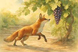 Una zorra salta en un antiguo viñedo bañado por el sol, hacia un racimo de uvas que cuelga flexibilmente.