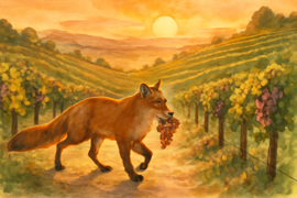 Un.zorro abandona una pendiente de viñedo mientras la luz del atardecer pinta las uvas de arriba